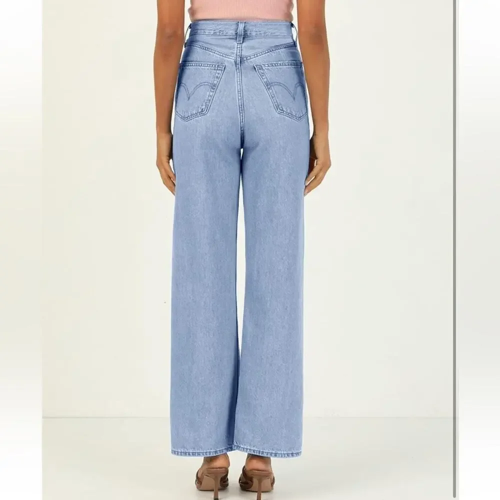 Straight Jeans Casual Loose High Waist Solid Wide Leg Ankle Denim Pants Sz 10 - Picture 2 of 2